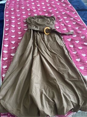 Strapless chocolate brown midi dress with a built in belt.